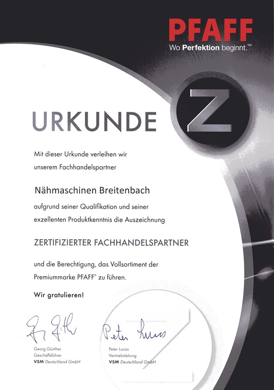 Pfaff Zertifizierungsurkunde Nähmaschinen Breitenbach Göttingen