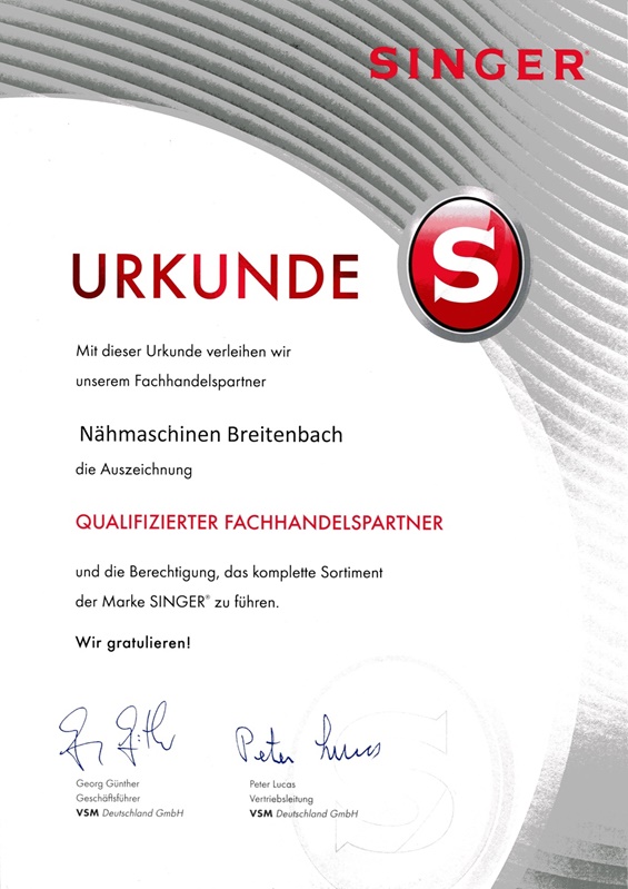 Singer Zertifizierungsurkunde Nähmaschinen Breitenbach Göttingen